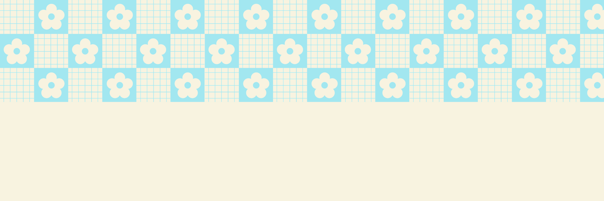 A decorative border pattern with alternating light blue and cream squares, some featuring white flower motifs and others with fine grid lines, set against a pale cream background.