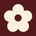 A minimalist cream-colored five-petal flower logo with a dark maroon center, set against a solid dark maroon background.