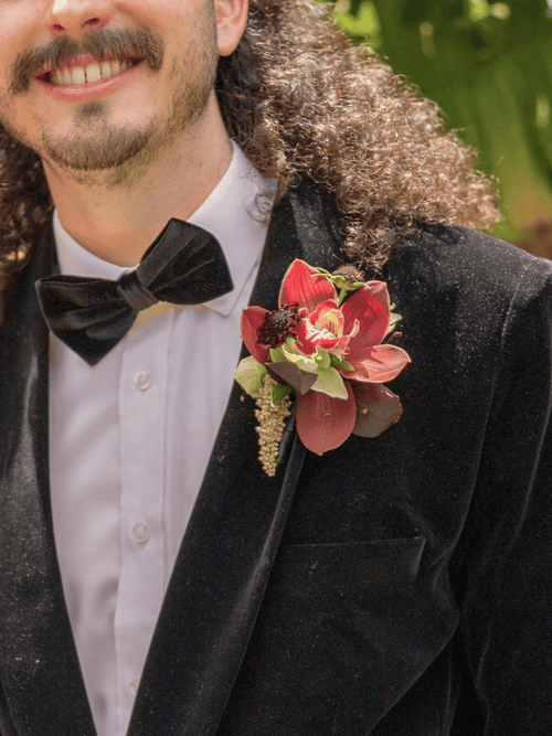 A close-up of a man wearing a black velvet tuxedo jacket, black bow tie, and a red floral boutonniere on a white dress shirt.