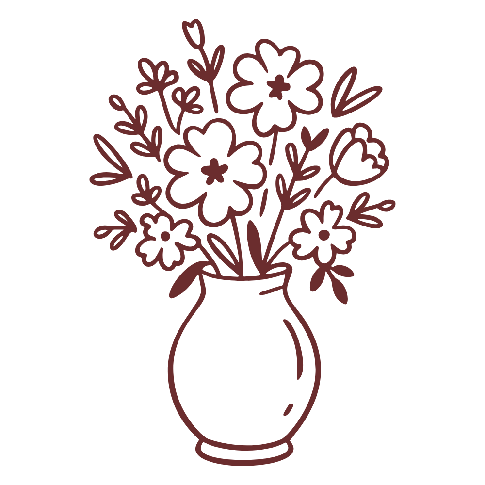 A minimalist line art illustration of a vase filled with flowers, drawn in a dark reddish-brown outline on a solid white background.