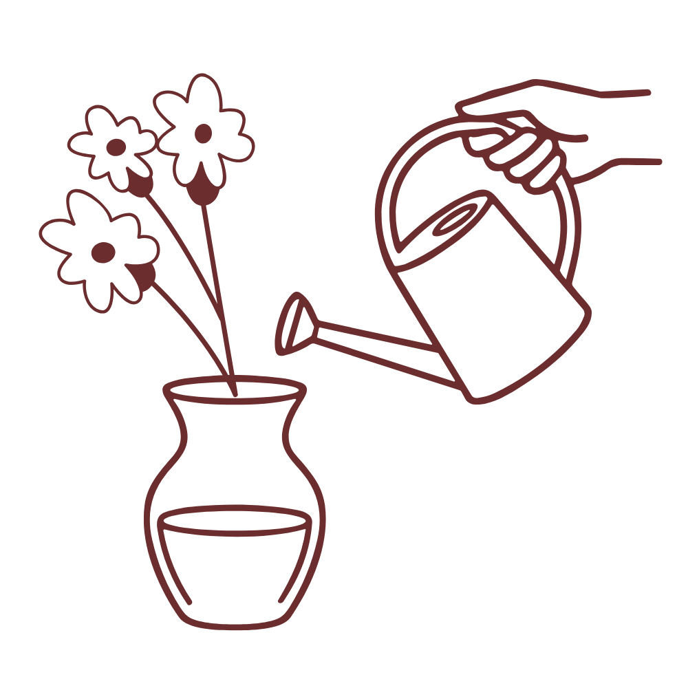 Minimal line-art illustration of a hand holding a watering can and pouring water into a small vase with three flowers on a plain white background.