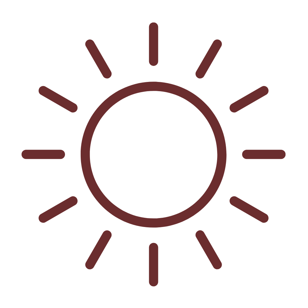A minimalist brown sun icon with a circular center and radiating rays on a plain white background.