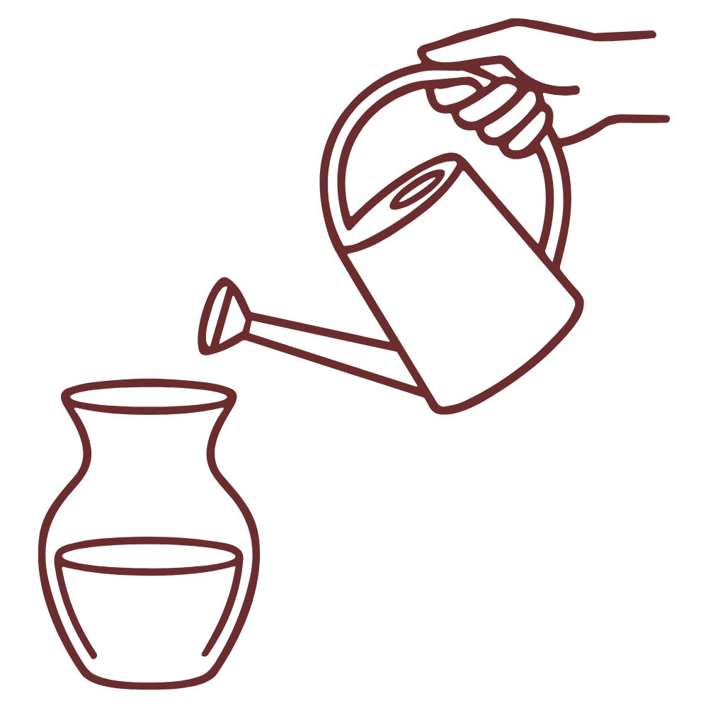 Minimal line-art illustration of a hand holding a watering can and pouring water into a small vase, shown on a plain white background.